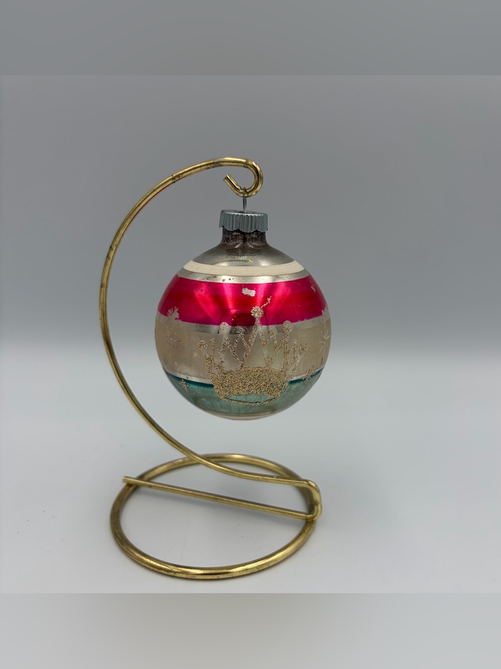 Shiny Brite Christmas Ornament King's Crown Ball Silver Pink Blue Stripes